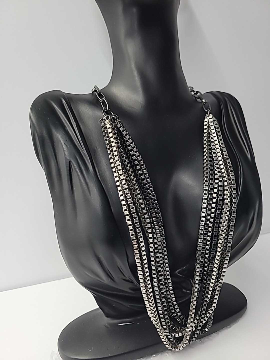 Gunmetal Multi Strand Box Chain Necklace Layered Statement Jewelry