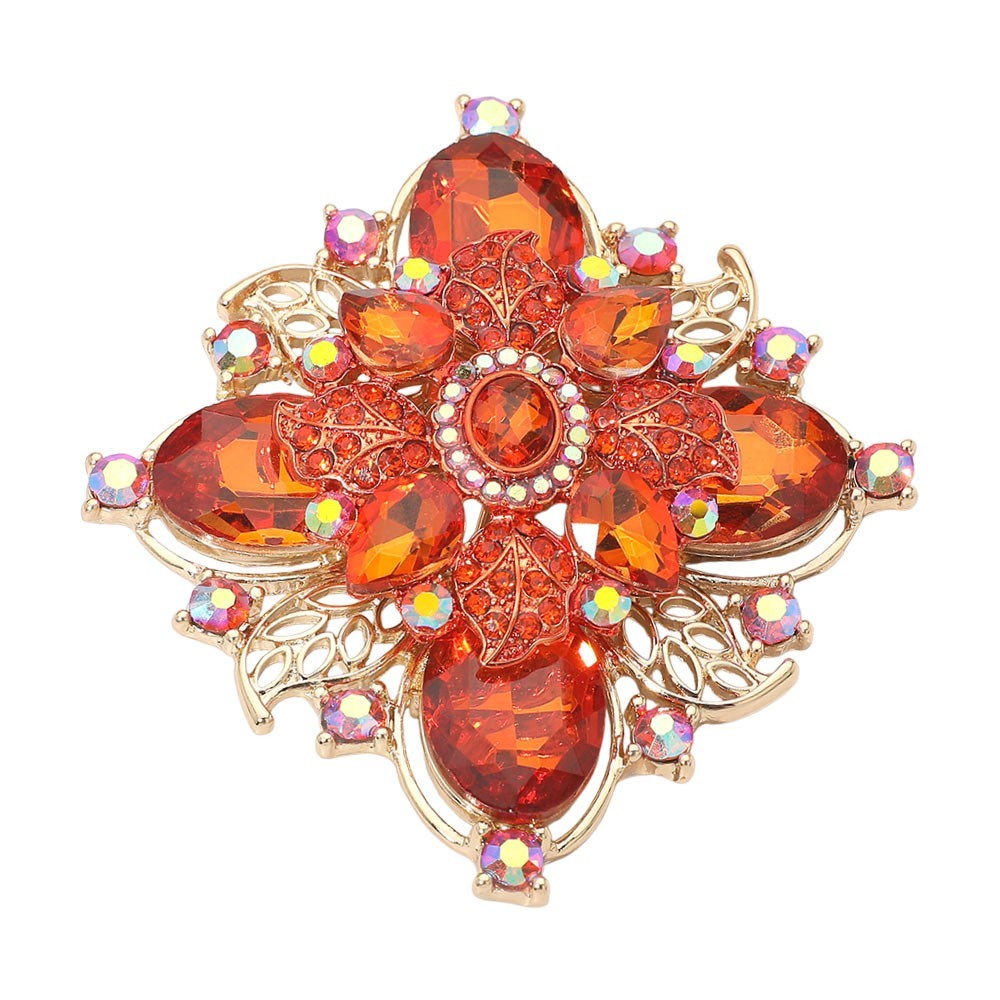 2PCS Red Crystal Floral Leaf Brooch Pins Gold Tone Rhinestone Statement Corsage