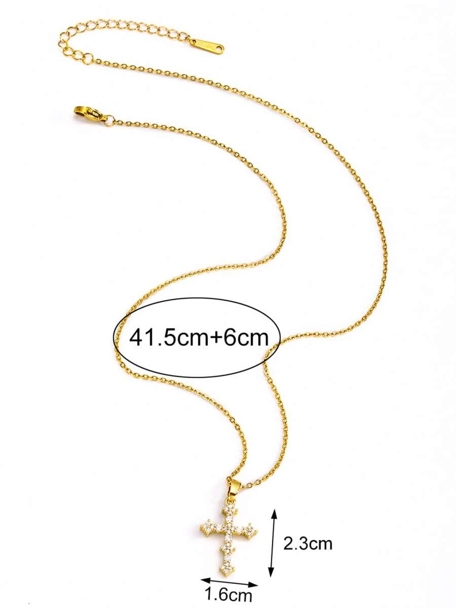 YELLOW GOLD COLOR CZ CROSS PENDANT NECKLACE STAINLESS STEEL WOMEN GIFT USA
