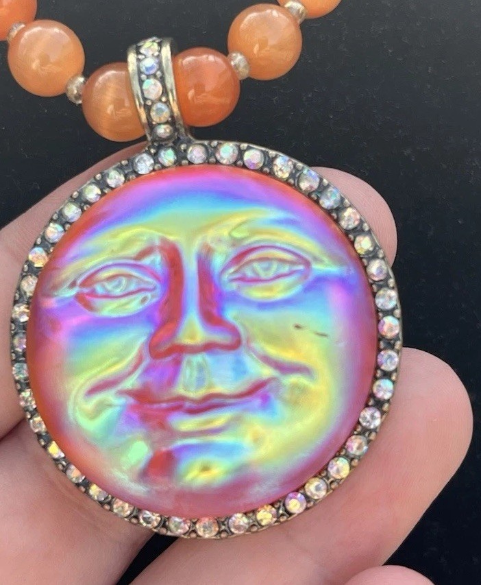 Kirk’s Folly Style Inspired Sea view Moon Face Orange Glow Necklace Rhinestone