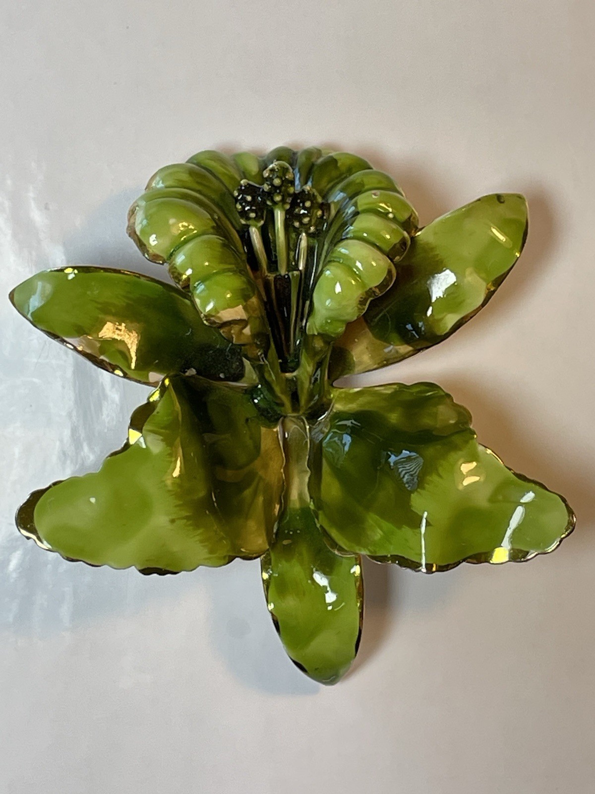 Green Enamel Lily Flower Brooch Gold Rimmed and Gold Tone Metal Pin Closure