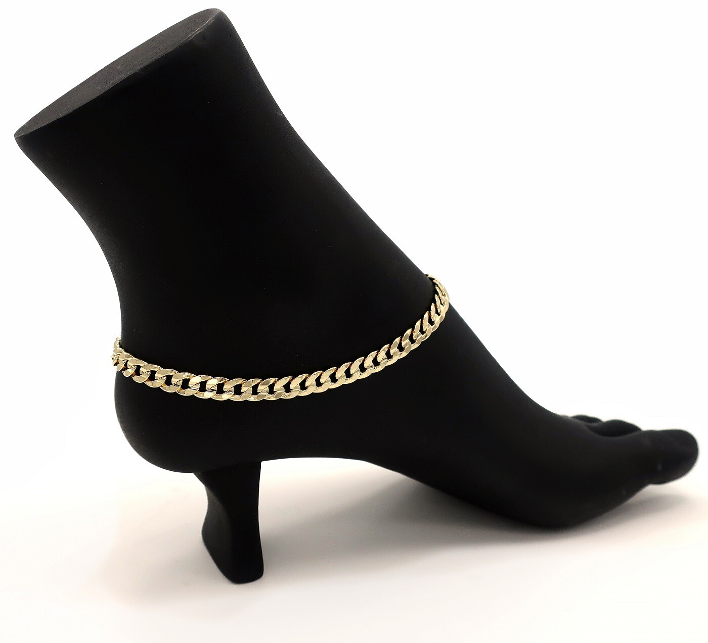 6mm CONCAVE CUBAN LINK CHAIN ANKLET CZ STONE ANKLE BRACELET 14K GOLD PLATED