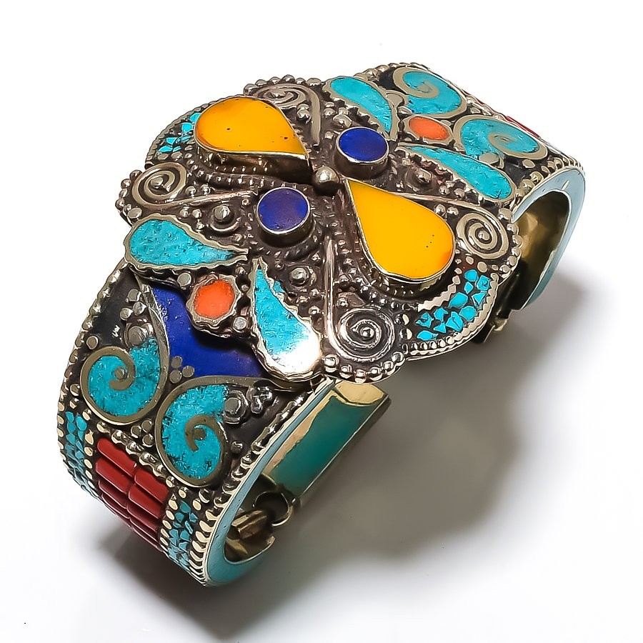 Yellow Coral Lapis Lazuli Tibetan Turquoise Handmade Nepali Jewelry Cuff SR 697