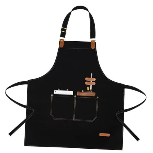Chef Apron for Men Women with Pockets Adjustable Strap, Water Repellent Black