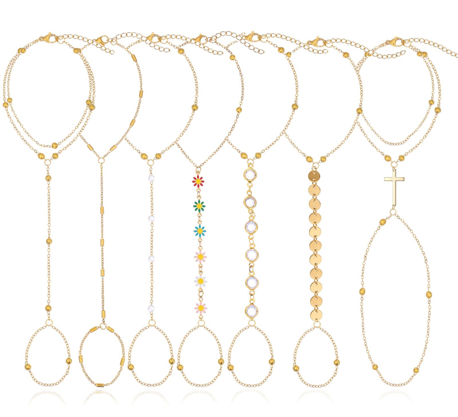 7Pcs Adjustable 14K Gold Plated Hand Chain Bracelets for Women, Stackable Dainty