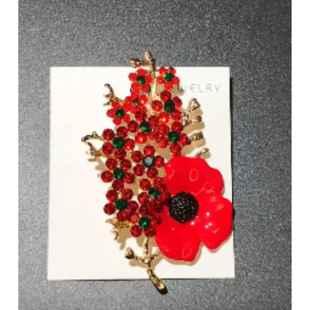 Beautiful Poppy Flowers Brooch Pin – Rhinestone Enamel Jewelry Gift USA