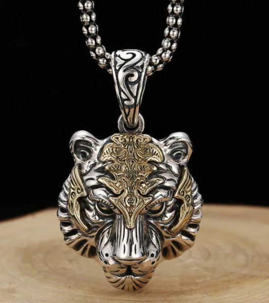 NEW Alloy Steel Mens Punk Biker Tiger Head Pendant Necklace Men Silver Gold