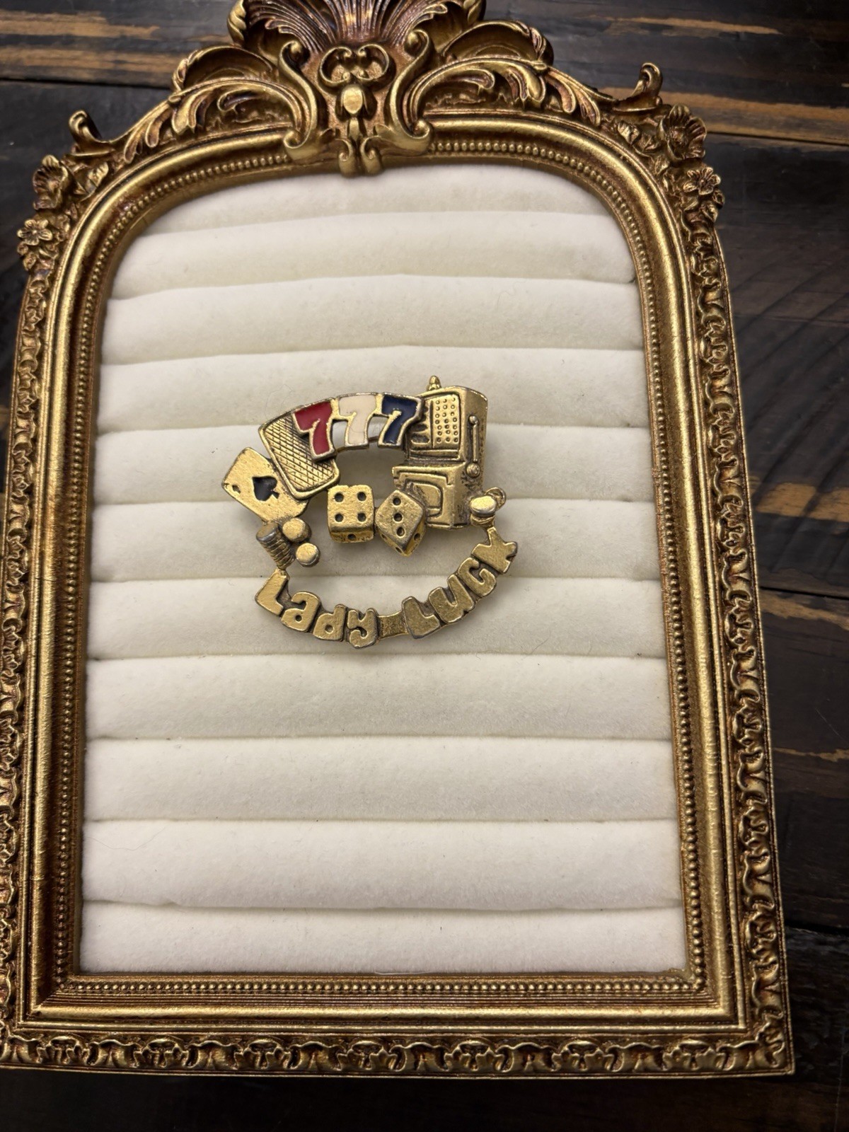 Lady Luck Pin Brooch Gold Tone Casino Dice Slots Cards Fashion Jewelry Unisex