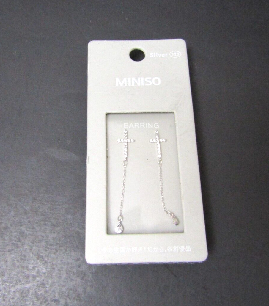 New MINISO Sterling Silver 925 Earrings Cross Dangle CZ