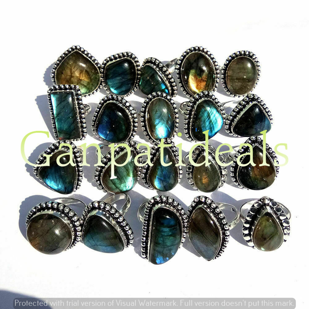 Bulk Sale ! Wholesale 30Pcs Lot Labradorite Rings 925 Sterling Silver Plated