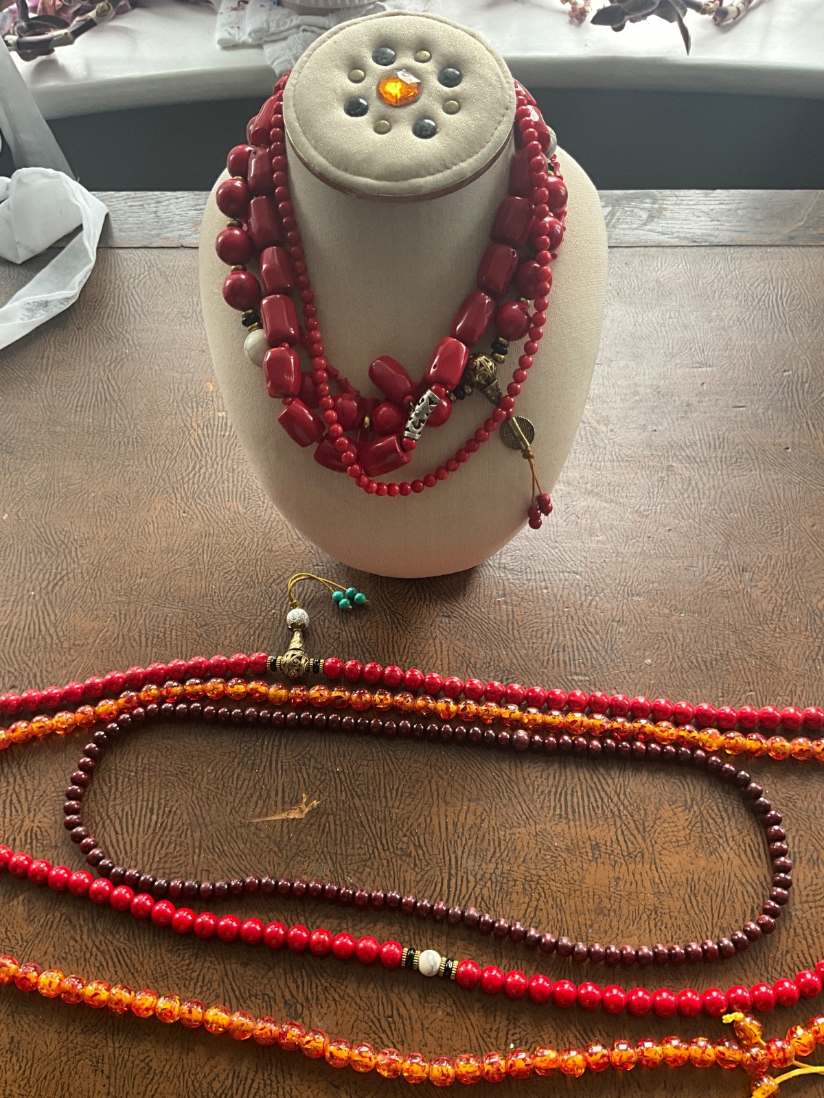 Vintage Bold Red Acrylic Resin Bead Necklace Lot 7 Pcs Chunky Boho Faux Coral