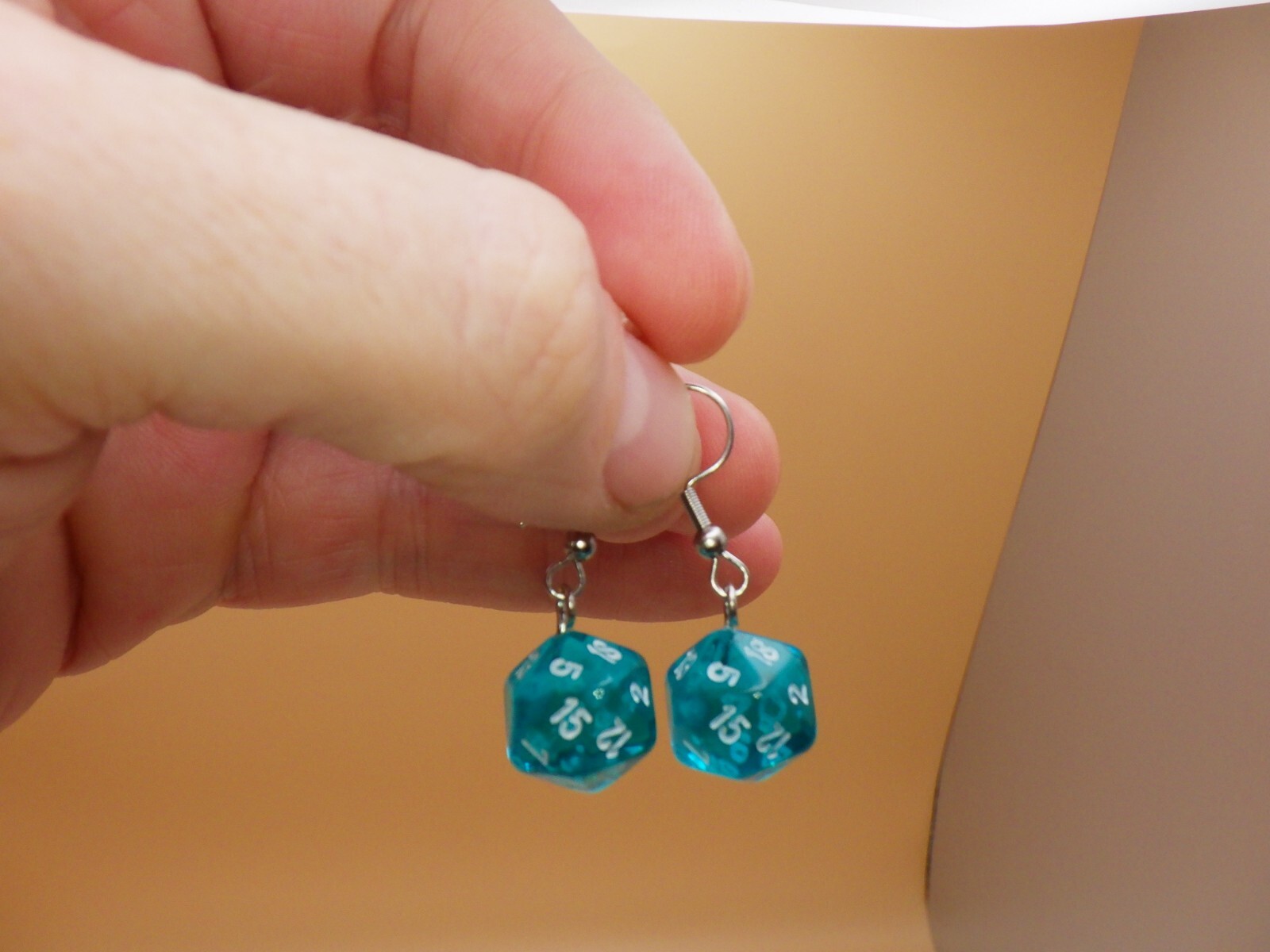 Translucent Teal White Mini D20 Stainless Steel Hook Dangle Style Dice Earrings