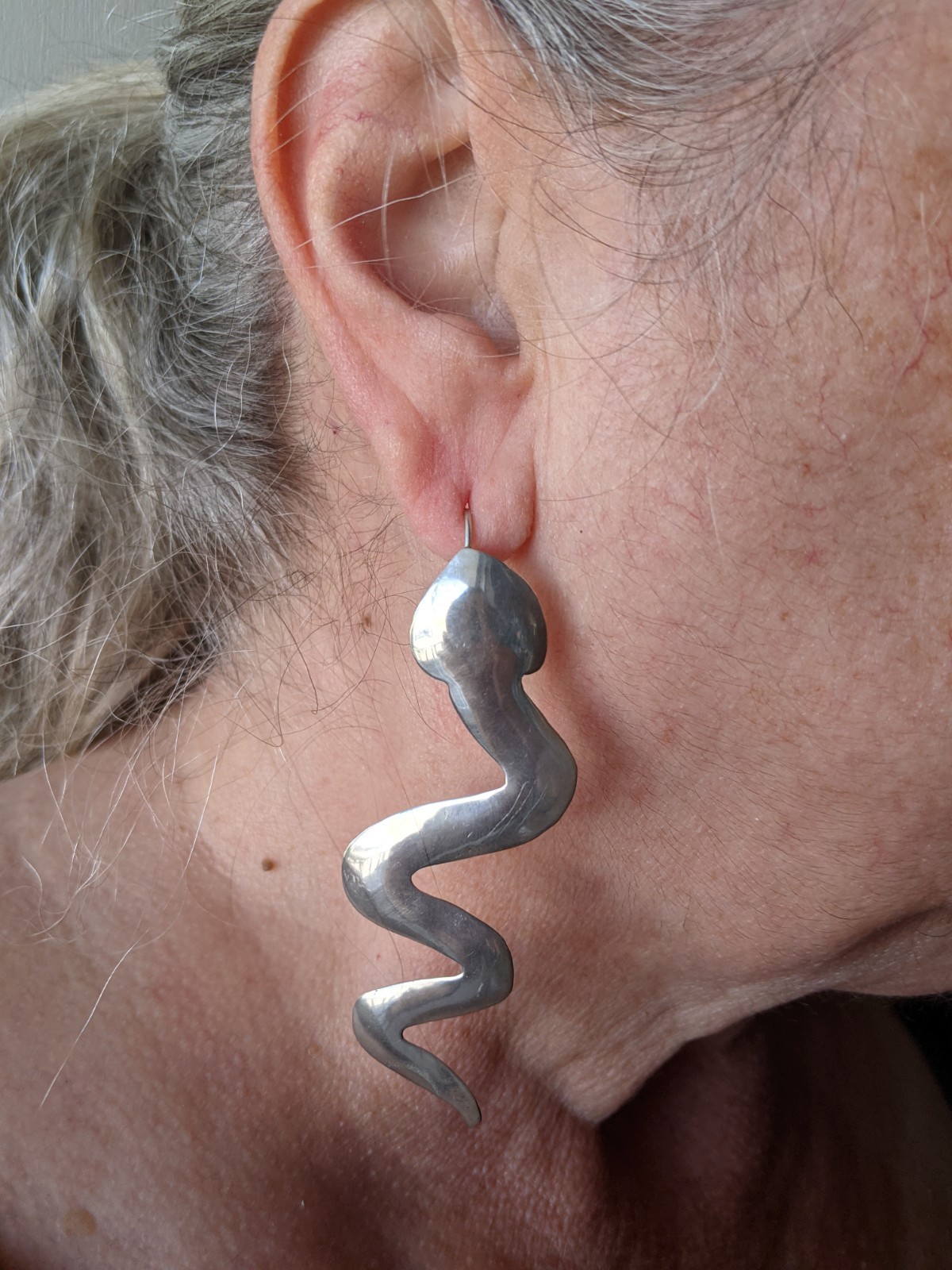 Edgy Crawling Snake Serpent Sterling Silver Long Hook Drop Earrings 3 1/4 Inch
