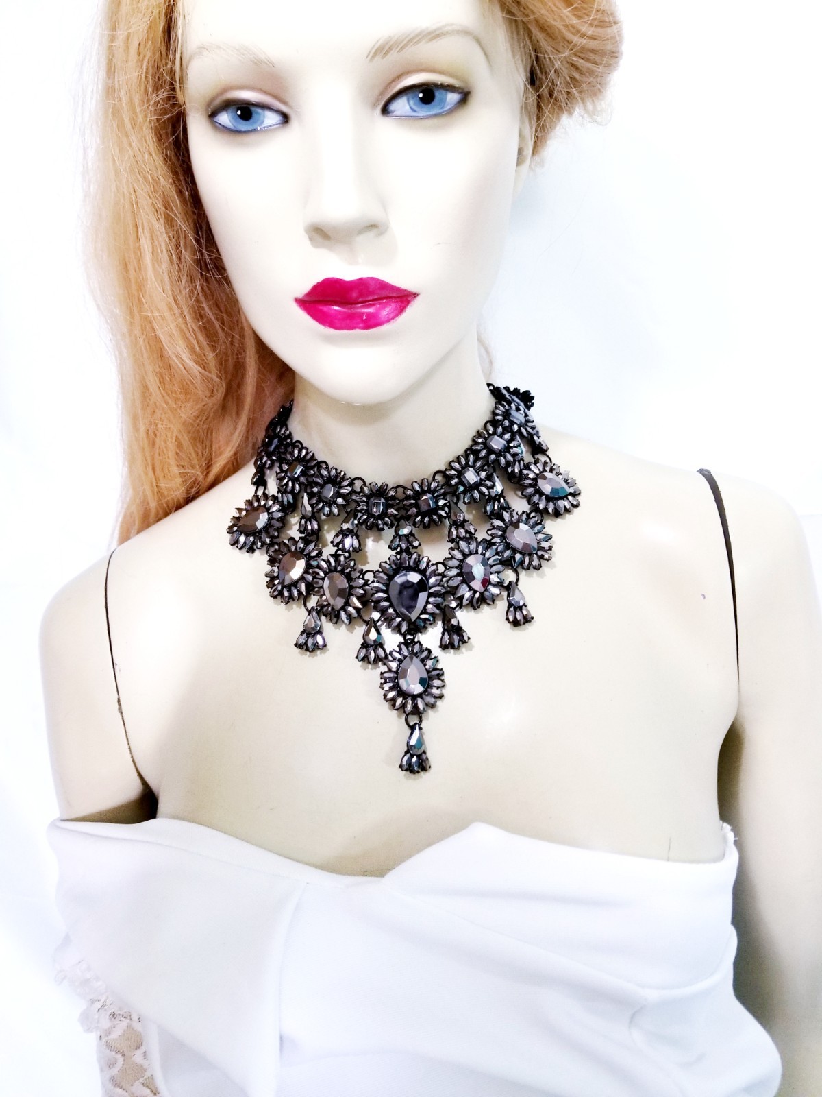 Charcoal Gray Statement Choker Rhinestone Necklace Bridal Prom Pageant Gothic