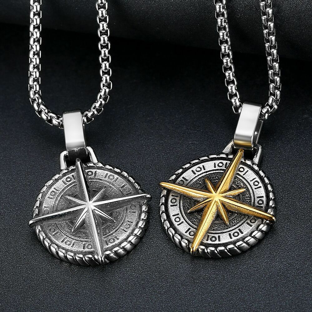 Mens North Star Compass Pendant Protection Necklace Biker Jewelry Box Chain 24″