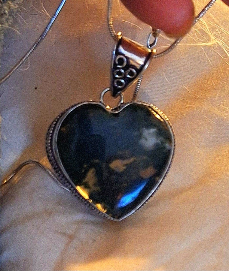 Green Moss Agate Heart Pendant On Silver Chain