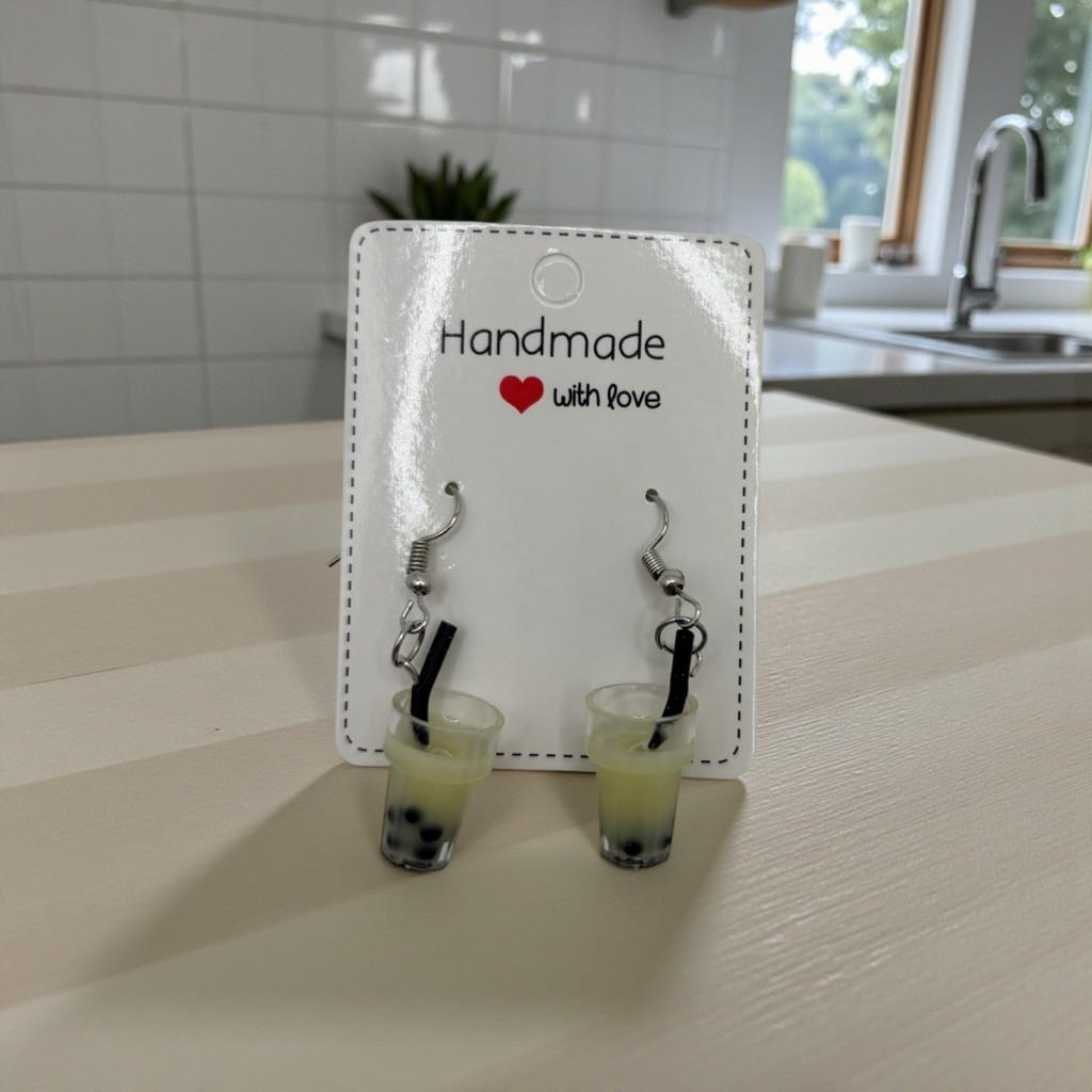 Bubble Tea Drop Earrings in Beige and Black