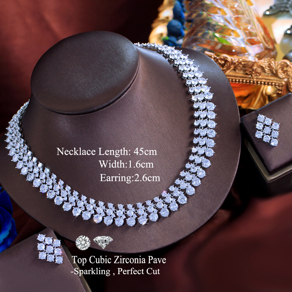 Women Round CZ Gorgeous Wide Necklace Earrings Silver Plated Wedding Jewelry Set