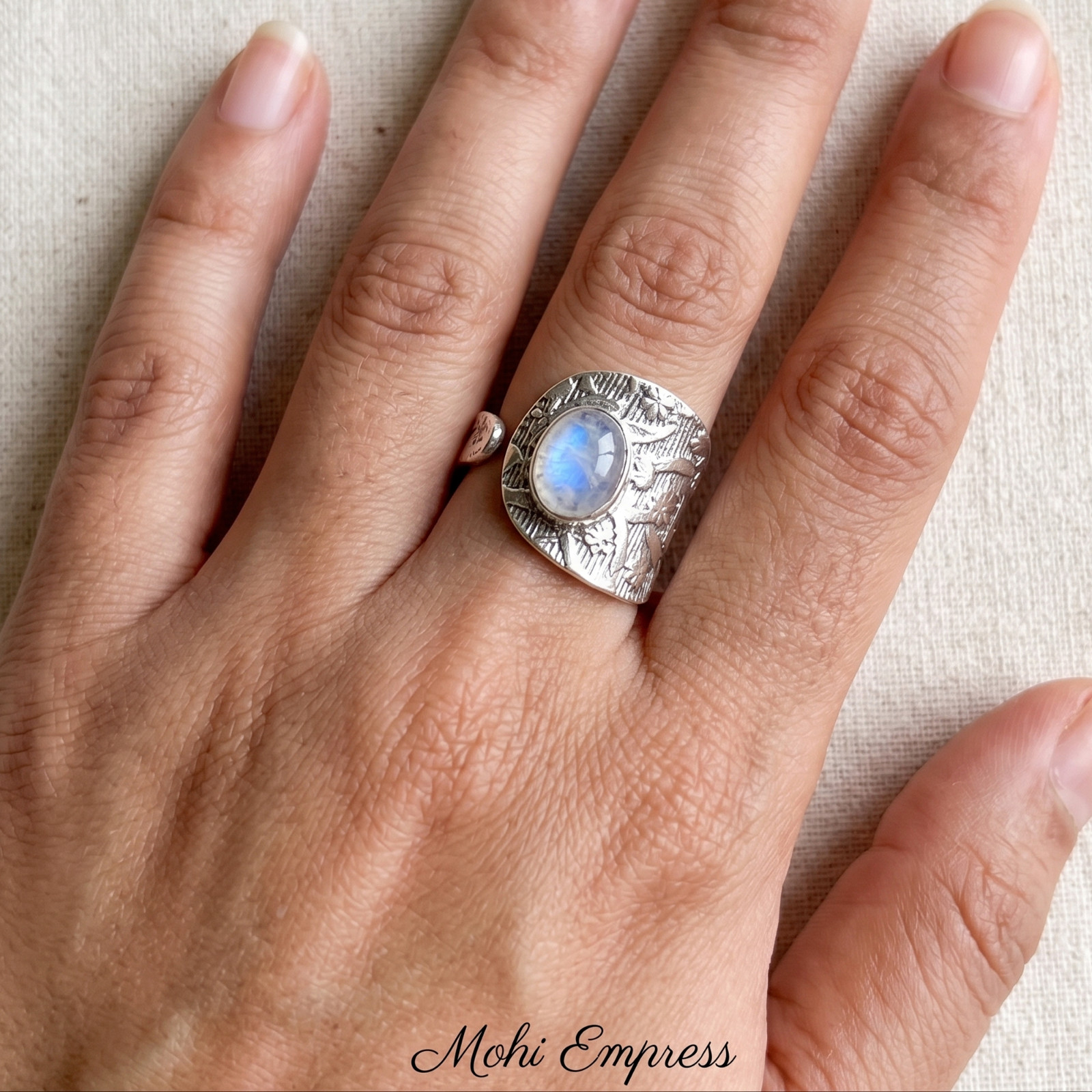 Natural Moonstone Sterling Silver Wrap Ring, Floral Statement Jewelry