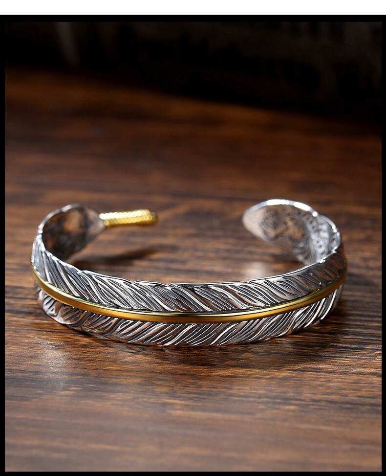 Men’s Fashion Jewelry Silver Feather Adjustable Bangle Cuff Bracelet 1-268