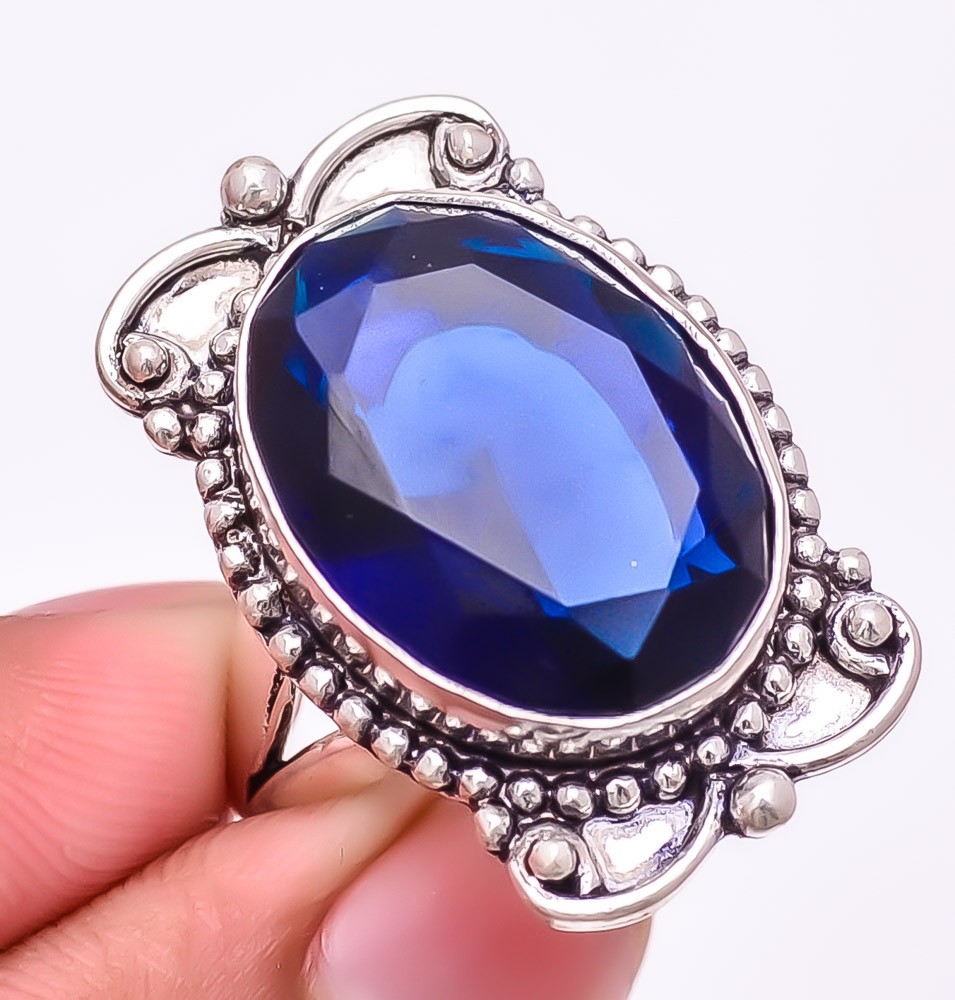 Madagascar Blue Sapphire (Lab-Created) 925 Silver Plated Jewelry Ring s.9.5 W446