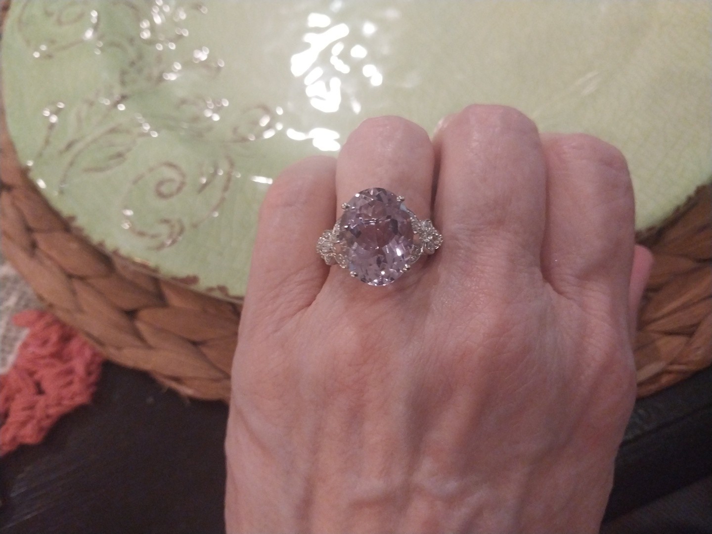 Karis Rose De France Amethyst, White Zircon Floral Rng PlatBond, sz 9, TCW= 9.70