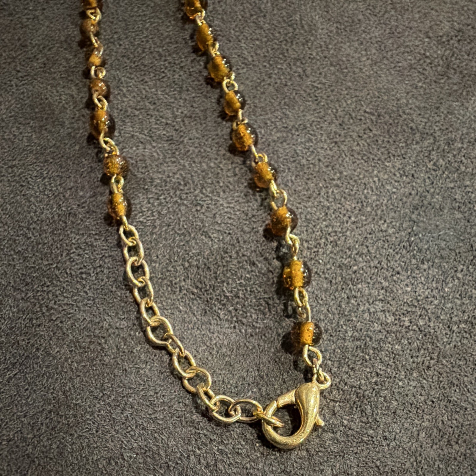 Gold Tone Brown Beaded Oval Charm Pendant Cable Chain Necklace Lobster 12-18″
