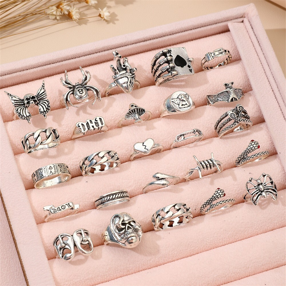 47pcs Antique Silver Gothic Rings Wholesale Mixed Vintage Metal Jewelry Set
