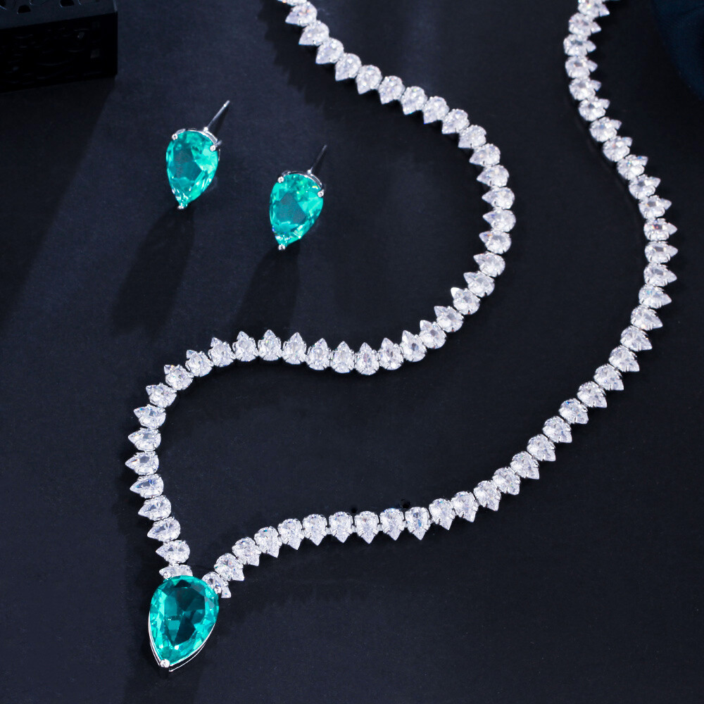 Charming Silver Plated CZ Green Necklace Earrings Jewelry Set for Brides Wedding