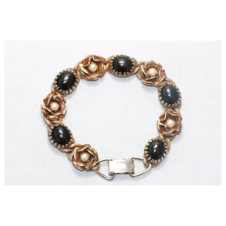 Vintage Costume Gold Tone Floral Synthetic Pearl Black Onyx Link Bracelet