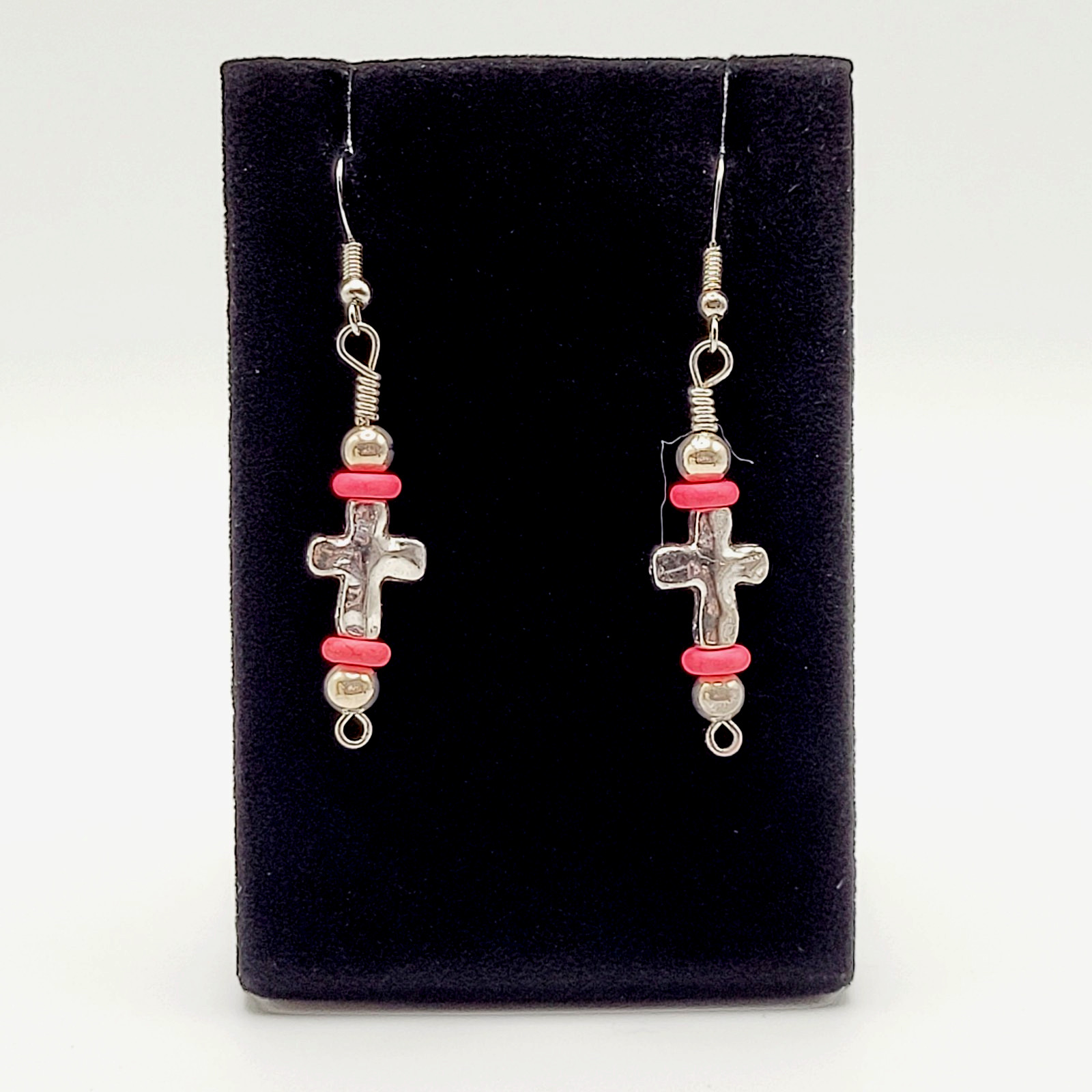 Southwestern Silver Tone Cross w Pink Ceramic Bead Metal Hook Pierced Earrings