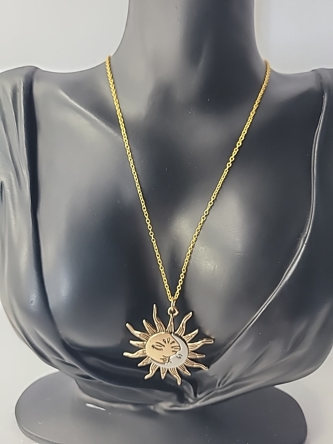Sun Moon Necklace Gold Tone Celestial Face Pendant Boho Astrology Two Tone