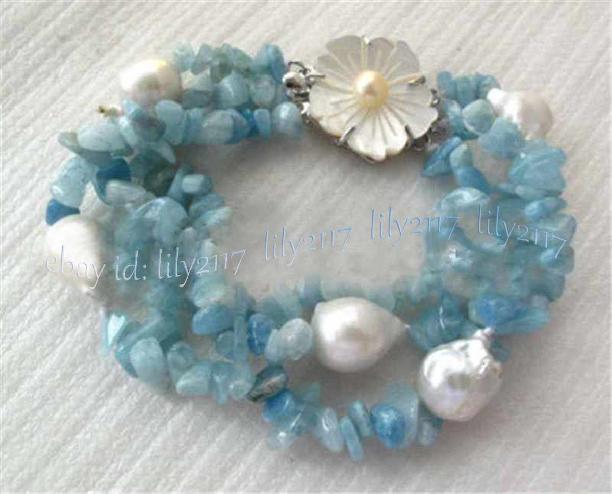 3 Rows Blue Aquamarine Chip Gems Beads White Baroque Edison Pearl Bracelet 8”