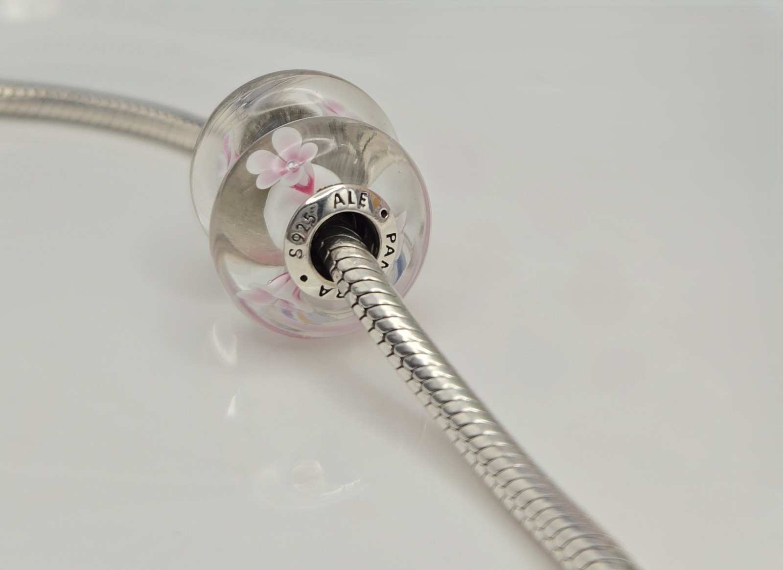 Authentic Pandora Pair of Japanese cherry blossom flowers Charms Murano Glass