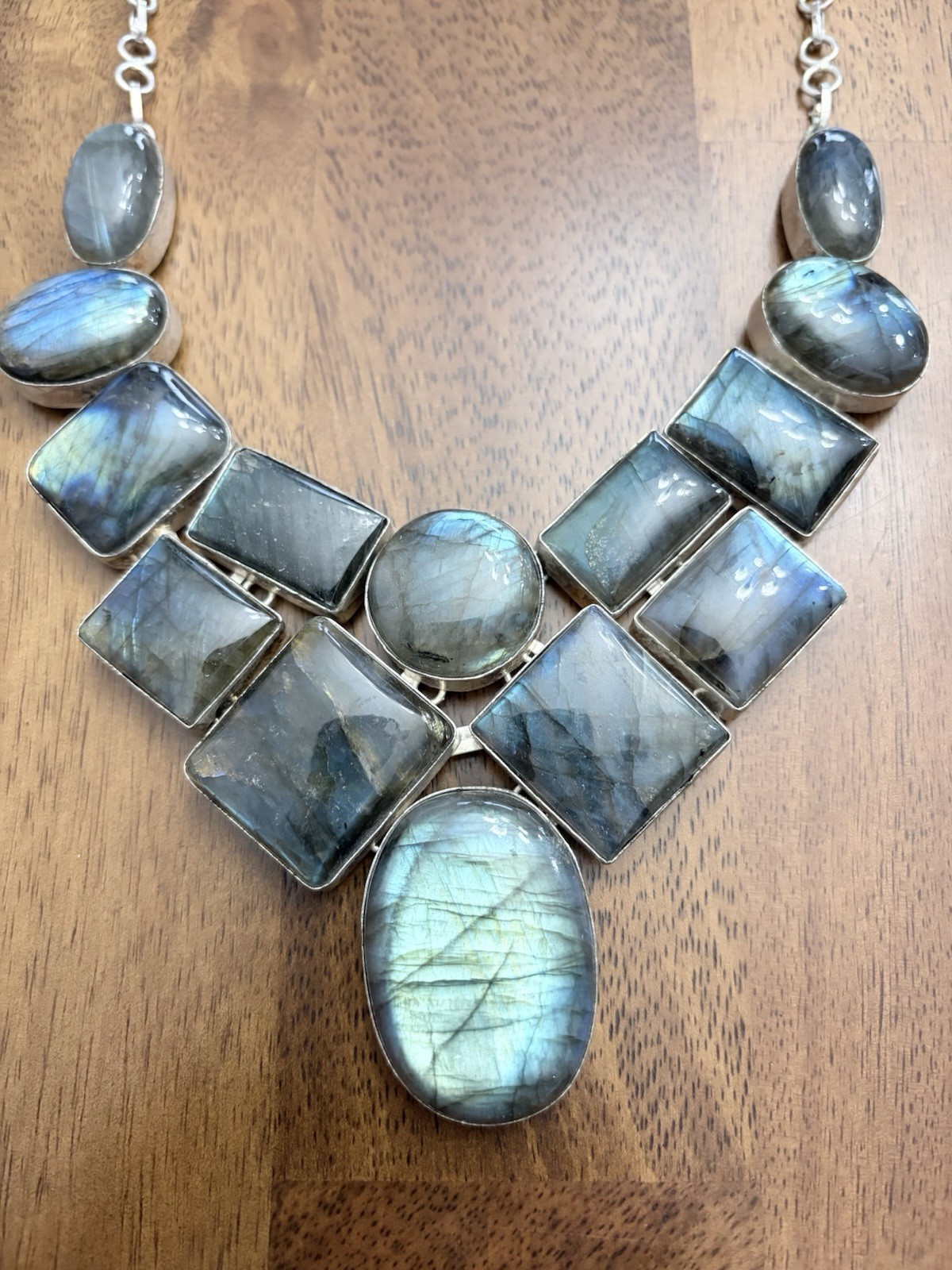 Labradorite Cabochon Statement Bib Necklace Silver Tone Cable Chain Toggle