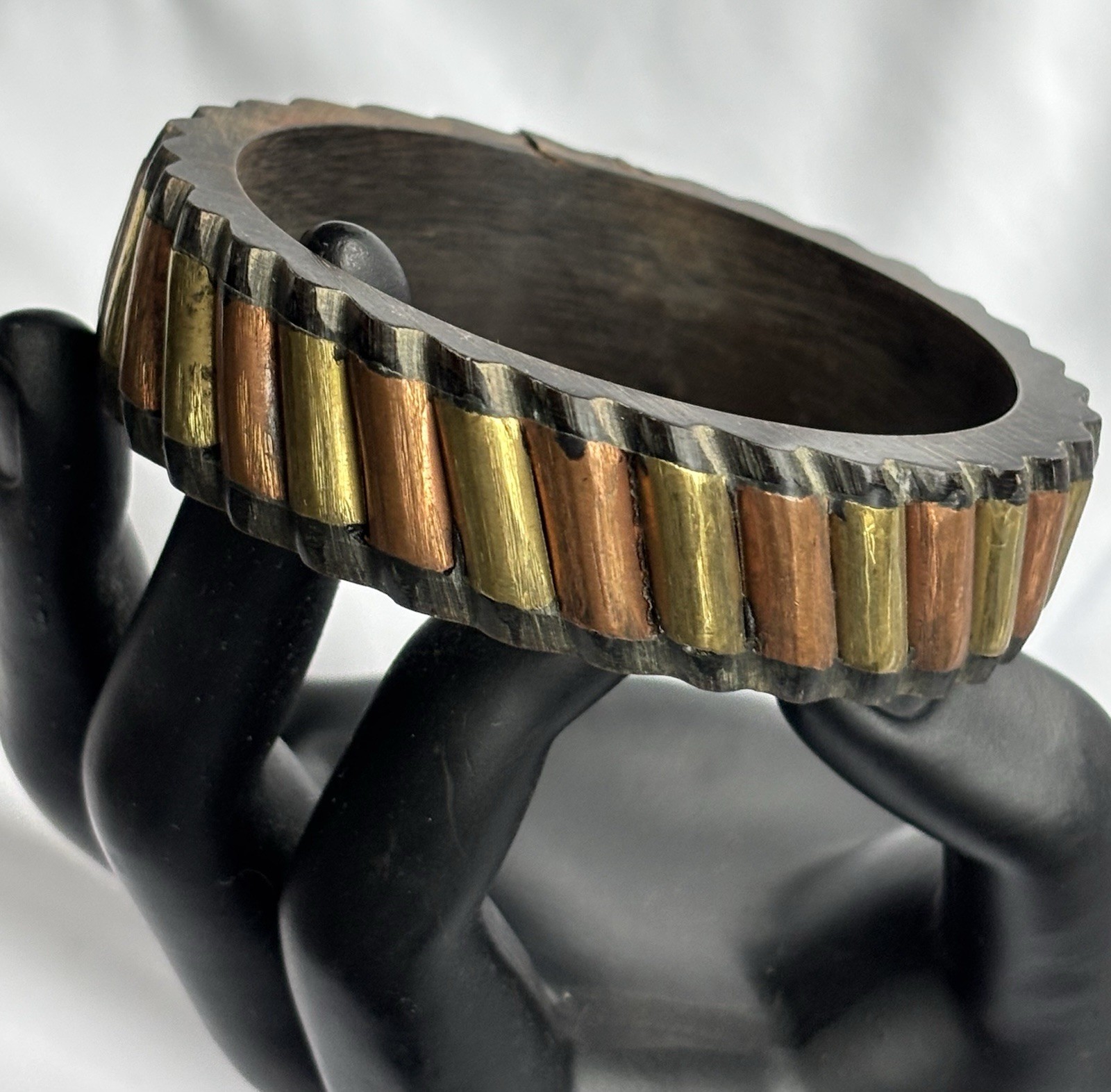 Wood Bangle Copper Brass Metallic Design 2.5” Opening Bracelet Boho Casual