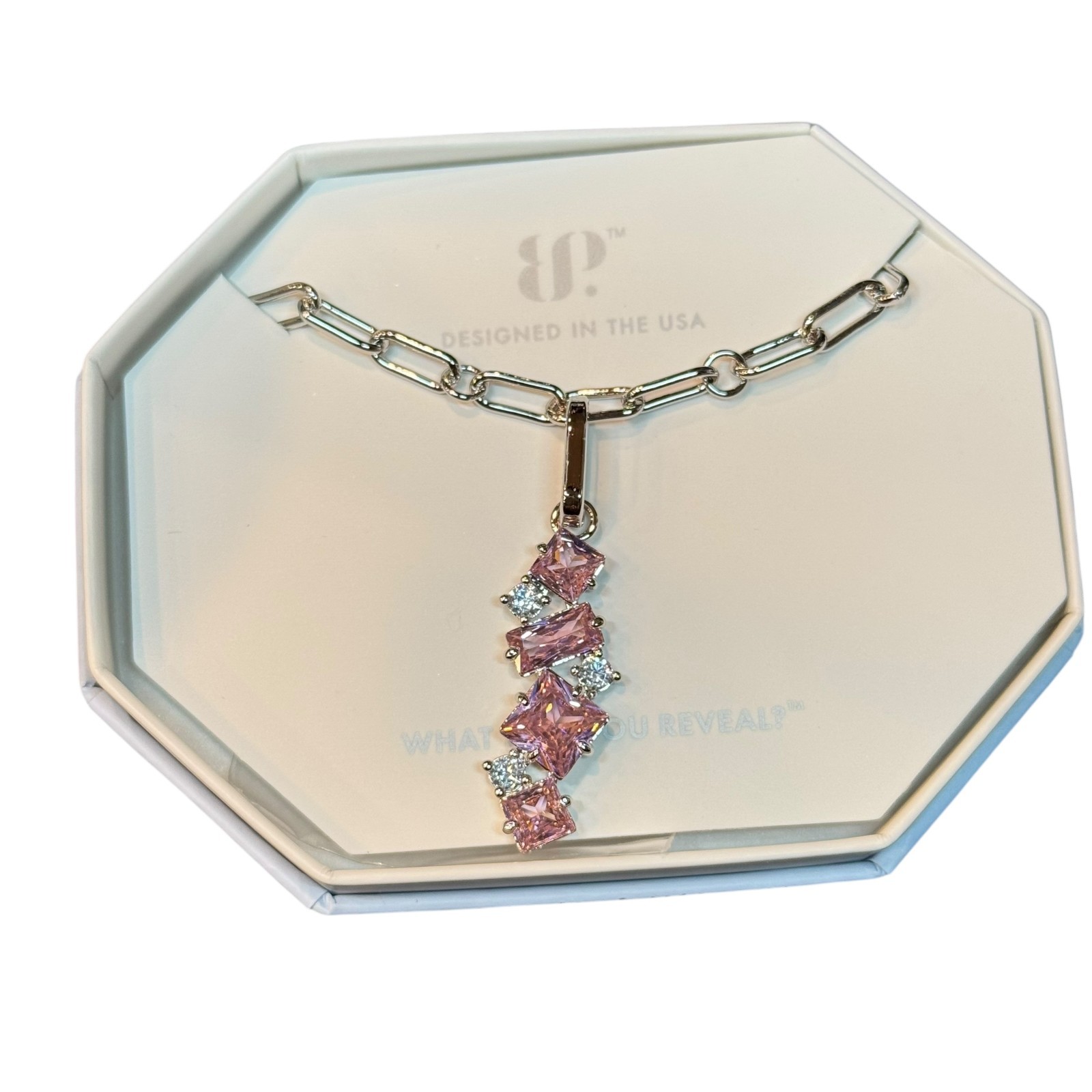 Bomb Party Necklace “Just Say Yes” Rose Quartz & CZ on Rhodium NK84196