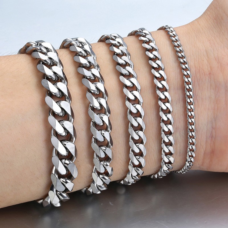 7/9/11mm Stainless Steel Curb Cuban Link Chain Bracelet Women Men Silver Unisex