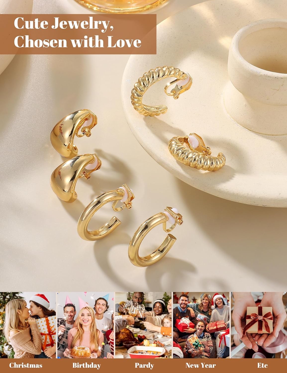 Gold Clip on Earrings for Women Hypoallergenic – 14K Gold Plated Chunky Tube Cro