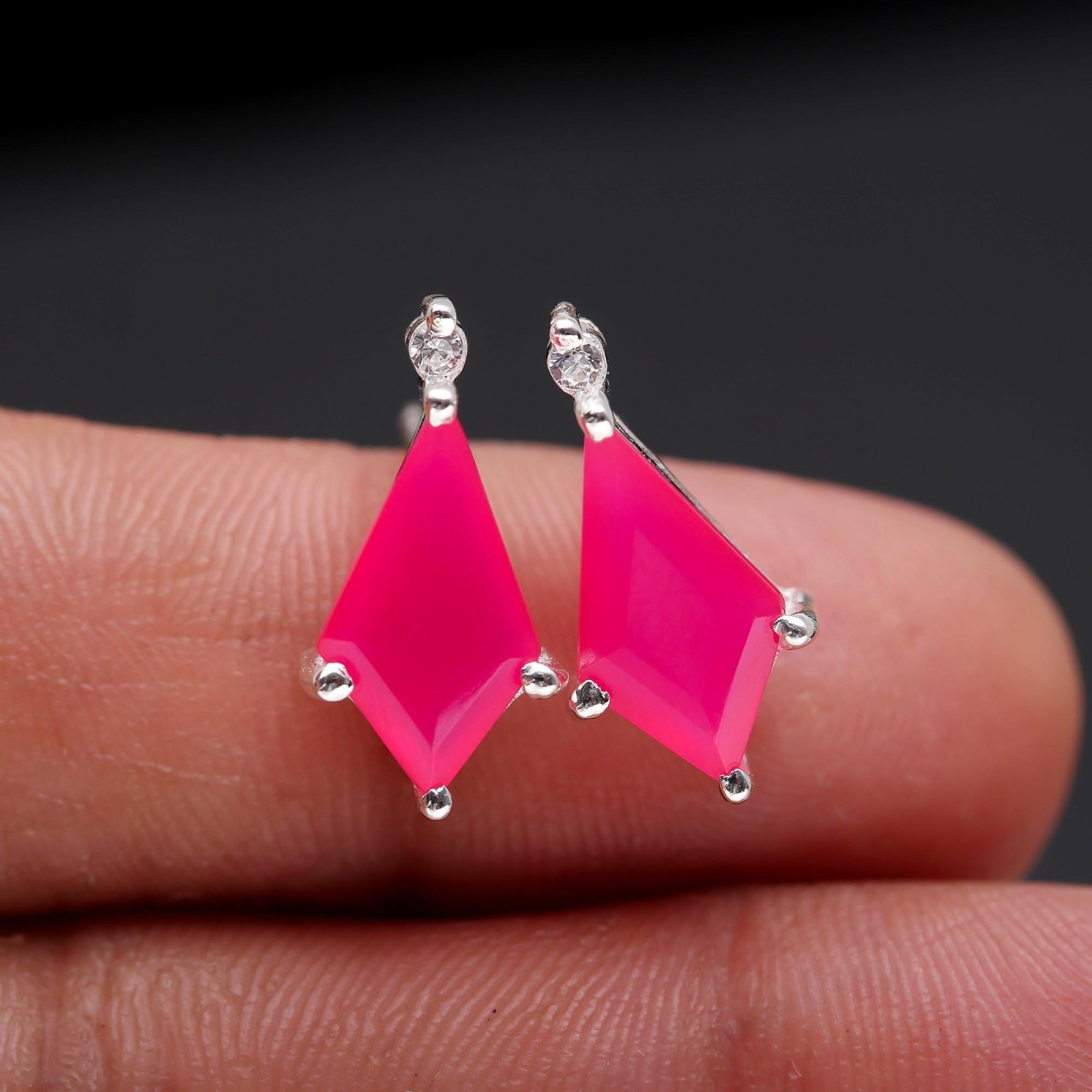 Natural Pink Chalcedony Kite Stud Earrings 925 Sterling Silver Handmade Jewelry