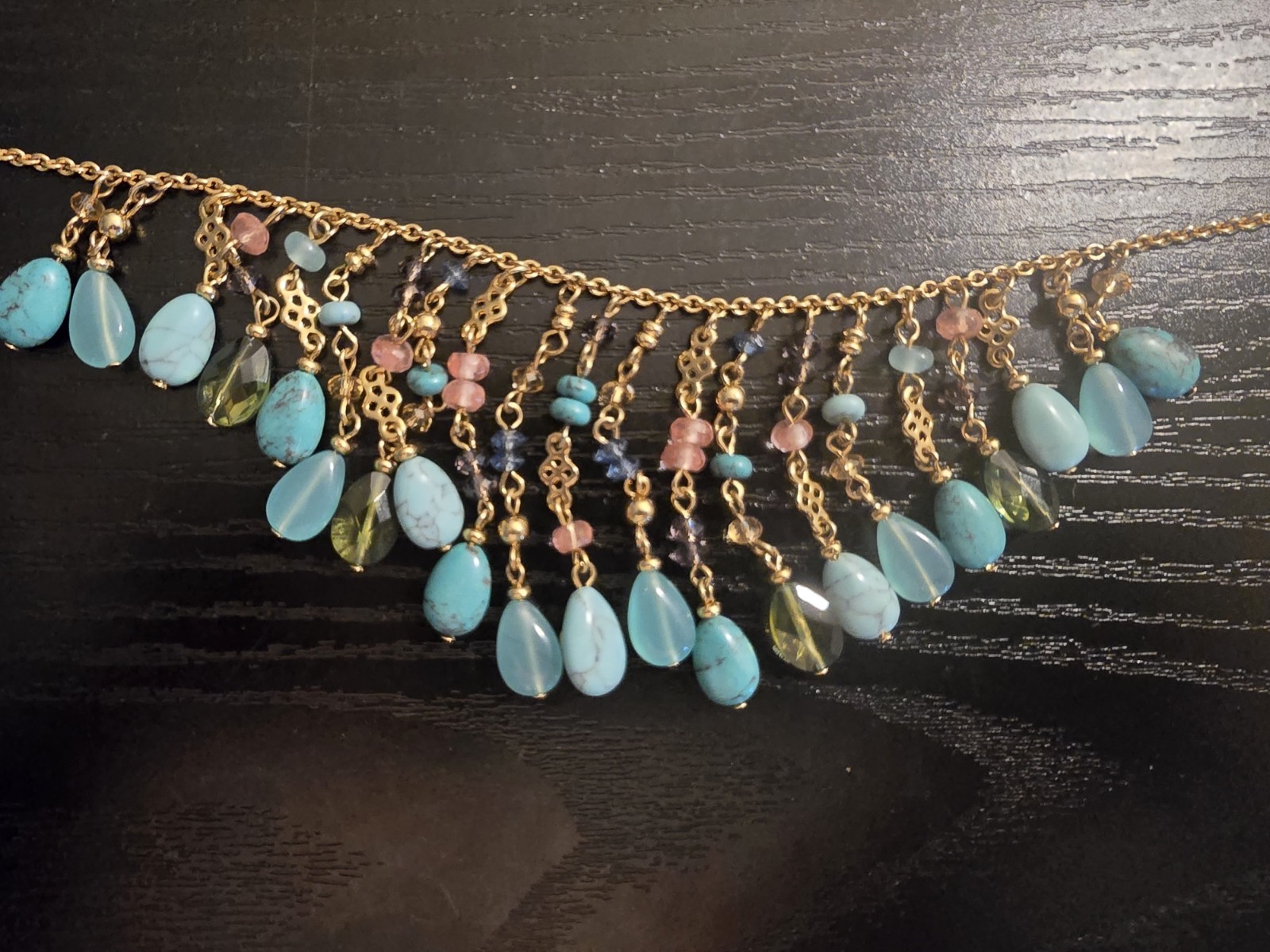 Gold Tone Bohemian Bib Necklace Blue Pink Green Beaded Fringe 22 in LN4578-5015