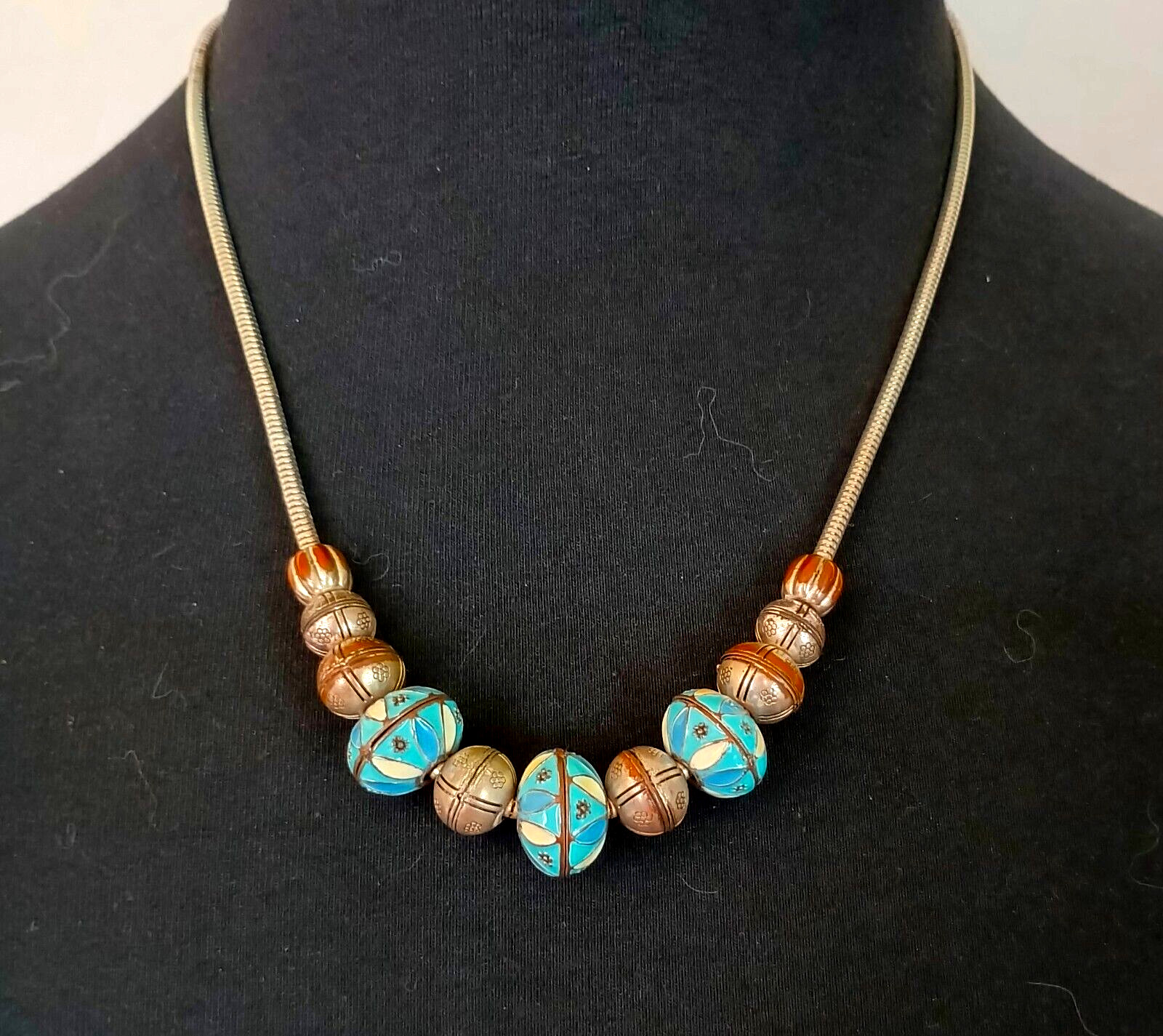 Vintage Fashion Necklace Pretty Enameled Metal Beads on a Silver Tone Chain