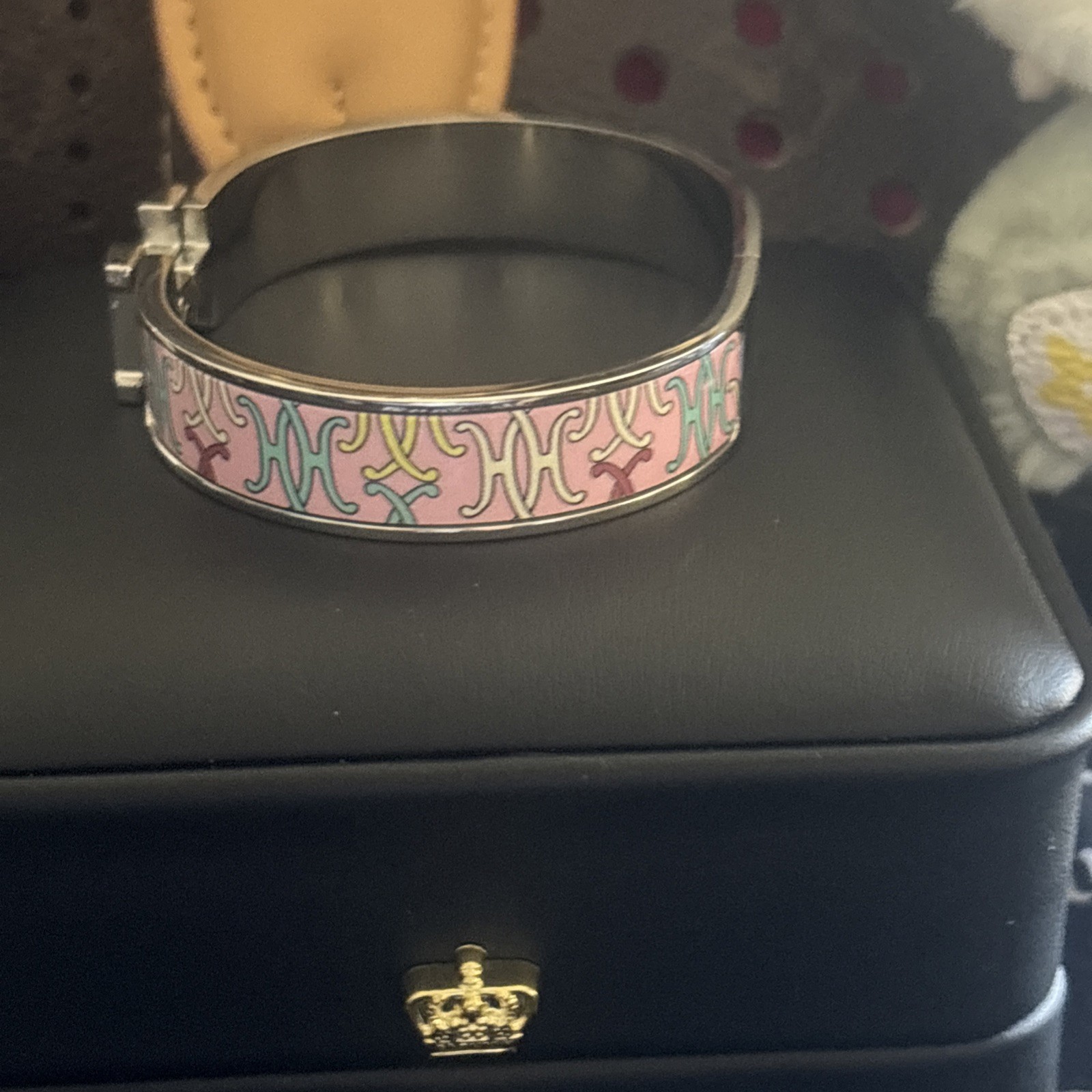 Hermès Inspired Enamel H Bracelet Silver Tone Multicolor Geometric Bangle