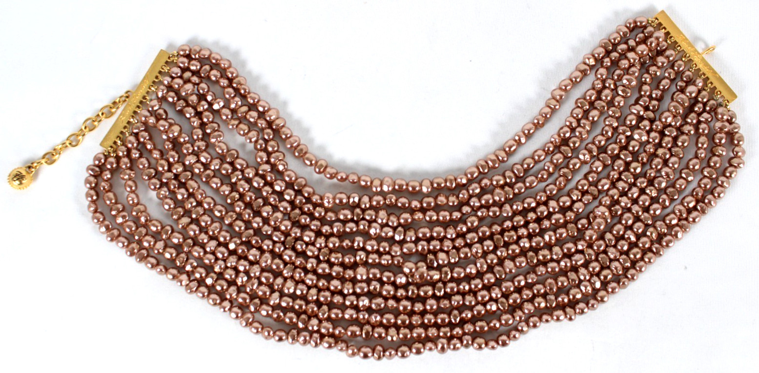 KARL LAGERFELD Vintage Rose Gold Faux Pearl Multi Strand Choker Necklace 15.25″