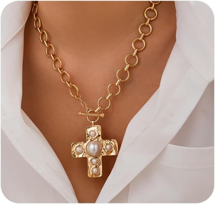 GIGB PBDK Chunky Gold Cross Necklace for Women,Vintage Statement Layered Necklac