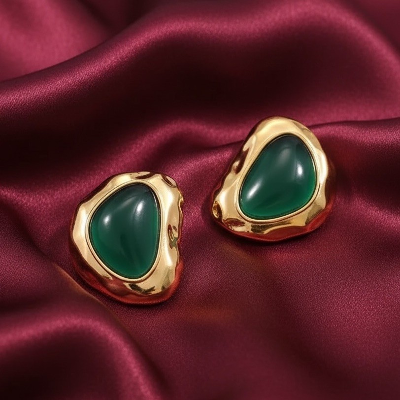 Molten Earrings Museum Modern Art Green Stud Statement Cabochon Hammered VTG