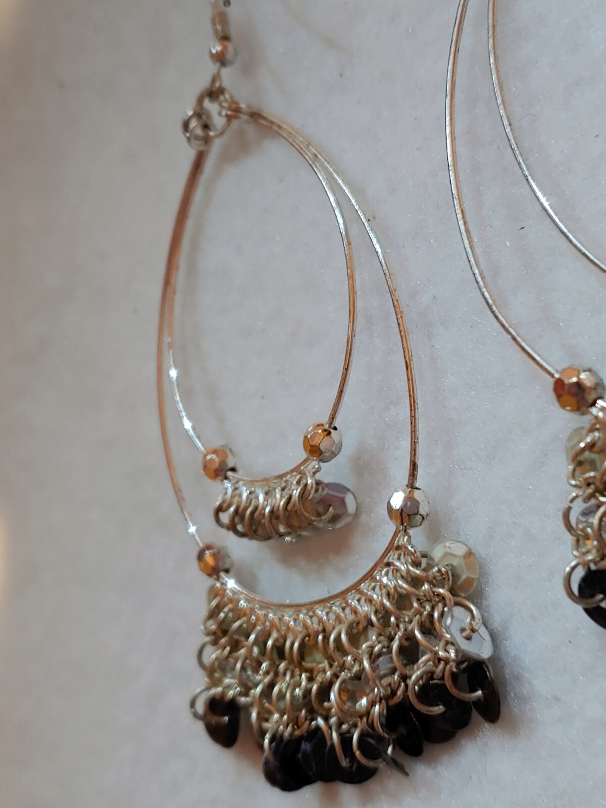 Pierced Earrings Silvertone Dangling Double Teardrop chain beaded as seen in pic