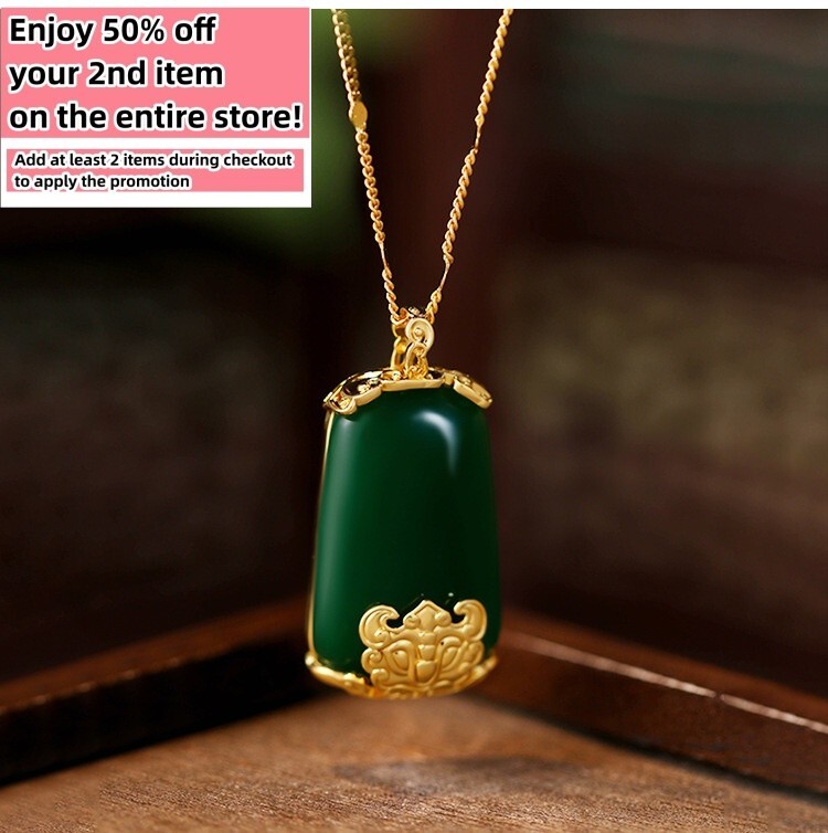 Green Jade Retro Pendant Necklace Charm 18K Gold Plated Chain Dainty Gemstone