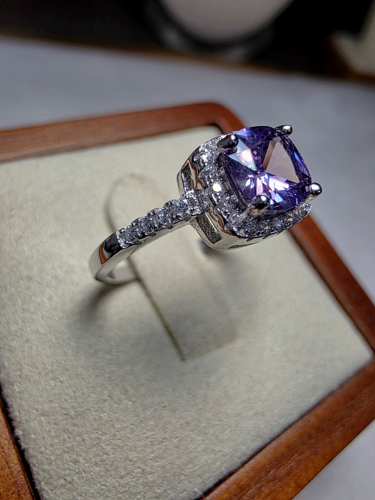 S6 Cushion Purple Amethyst Halo Moissanite Ring 925 Sterling Silver