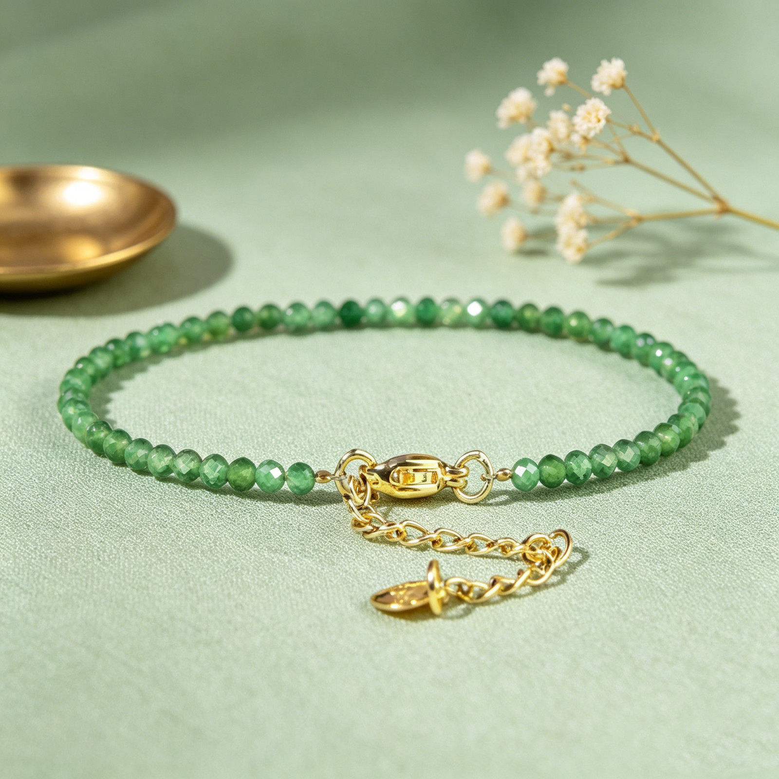Natural Emerald Beaded Dainty Gold Filled Bracelet Minimalist Stackable Jewelry